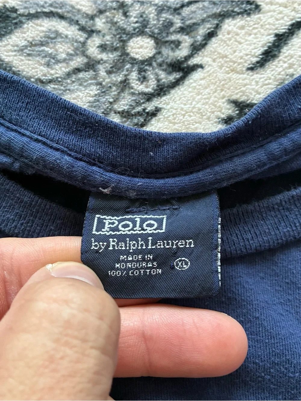 009 - VINTAGE 90s POLO RALPH LAUREN NAVY BLUE SPELL OUT T SHIRT